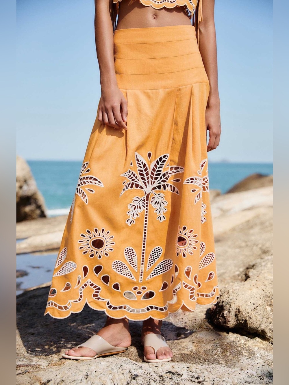 NWT FARM Rio Camel Tropi Embroidery Eyelet Maxi Skirt, Size Small